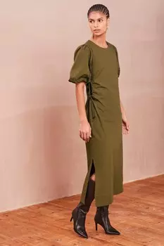 Платье миди с рукавами-буфами и рюшами сбоку Next, зеленый