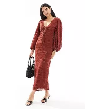 Платье миди с рукавами-фонариками добби цвета ржавчины ASOS DESIGN