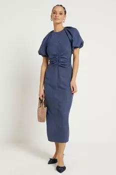 Платье миди с рукавами-фонариками и рюшами River Island, синий