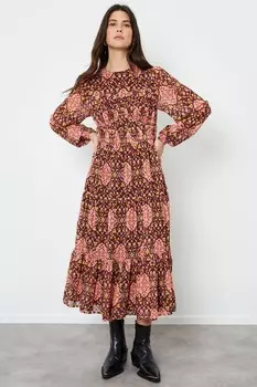 Платье миди с рукавами фонариками и многоярусной юбкой с геометрическим принтом Another Sunday, розовый