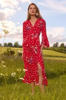 Платье миди с рукавами фонариками и принтом Love & Roses, красный