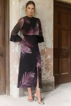 Платье миди с рукавами фонариками и принтом перьев Love & Roses, фиолетовый