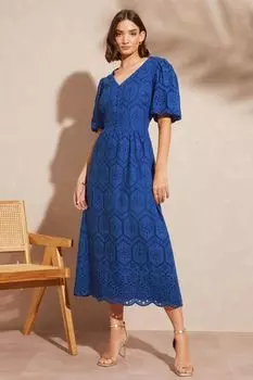 Платье миди с рукавами-фонариками и английской вышивкой Love & Roses, синий