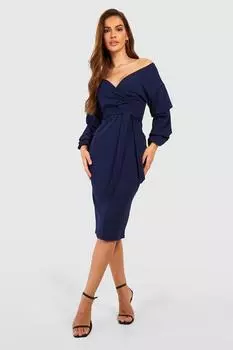 Платье миди с рукавами и запахом Boohoo, нави