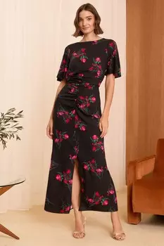 Платье миди с рукавами крылышками и сборками Love & Roses, черный