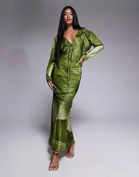 Платье миди с рукавами «летучая мышь» и завязками спереди с зеленым абстрактным принтом в виде листьев ASOS DESIGN