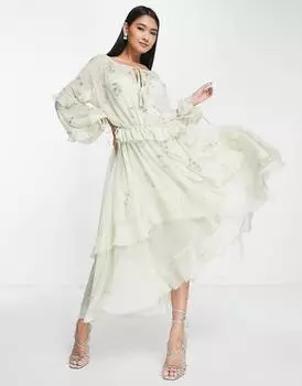 Платье миди с рюшами, цветочным декором и завязками ASOS DESIGN