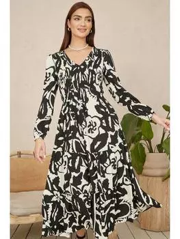 Платье миди с рюшами и абстрактным принтом Yumi, черный