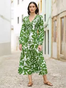 Платье миди с рюшами и абстрактным принтом Yumi, цвет Green/White