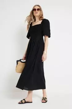 Платье миди с рюшами и квадратным вырезом River Island, черный