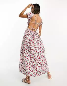 Платье миди с рюшами и открытой завязкой на спине ASOS DESIGN milkmaid с ярким цветочным принтом