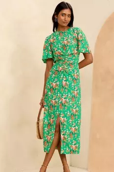 Платье миди с рюшами и расклешенными рукавами Love & Roses, зеленый