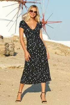 Платье миди с рюшами на вырезе и цветочным узором Sosandar, черный