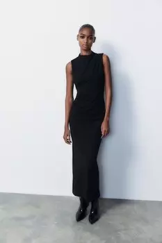 Платье миди с рюшами ZARA, черный