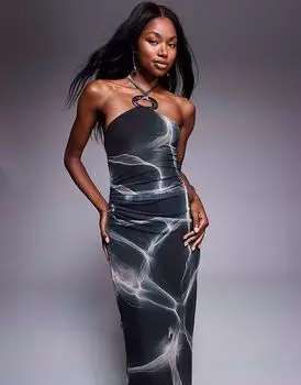 Платье-миди с сетчатой застежкой-халтер ASOS DESIGN с серебристой фурнитурой и темным мраморным принтом