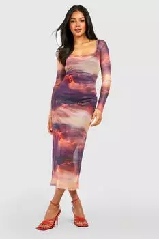 Платье миди с сетчатым принтом Boohoo, оранжевый