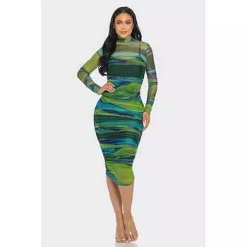 Платье-миди с сетчатым принтом и сборками Glitch FASHNZFAB, зеленый/синий