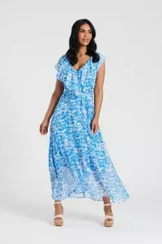 Платье миди с шифоновым принтом и оборками на шее South Beach, синий