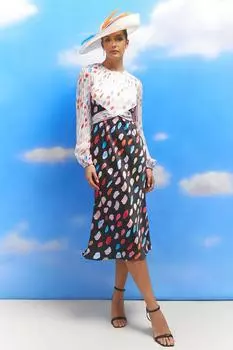 Платье миди с шифоновым верхом и атласной юбкой Lisa Tan со смешанным принтом Coast, черный