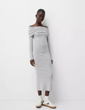 Платье миди с трикотажем бардо Bershka, серый