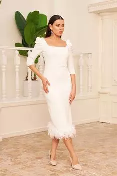 Платье миди с юбкой из крепа цвета экрю и перьями Carmen