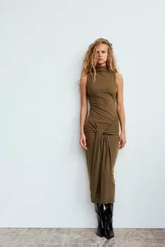 Платье миди с узлом-галстуком ZARA, цвет dark tan