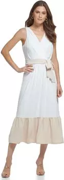 Платье миди с V-образным вырезом и оборками по подолу DKNY, цвет Ivory/Elegant Beige