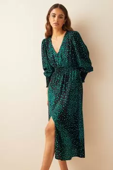Платье миди с V-образным вырезом и присборенной талией длинными пышными рукавами Friends Like These, зеленый