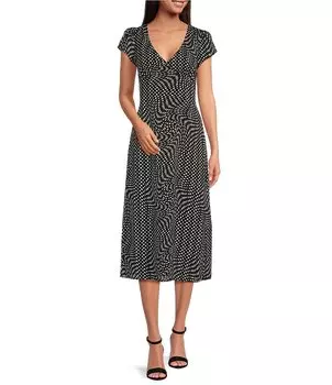 Платье миди с V-образным вырезом и короткими рукавами в горошек WAYF, черный