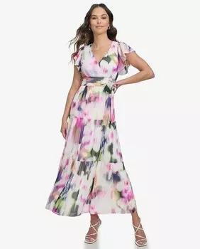 Платье миди с V-образным вырезом и поясом Dkny, темно-синий