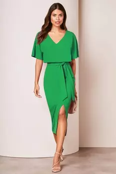 Платье миди с V образным вырезом, рукавами крылышками и поясом Lipsy, зеленый