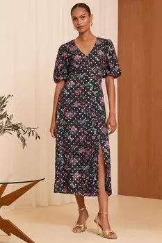 Платье миди с V образным вырезом и рукавами фонариками Love & Roses, зеленый