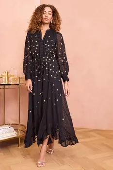 Платье миди с V образным вырезом и пайетками в горошек Love & Roses, черный