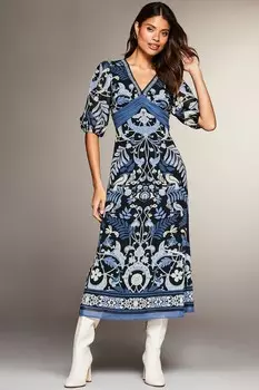 Платье миди с V-образным вырезом и принтом Lipsy, синий