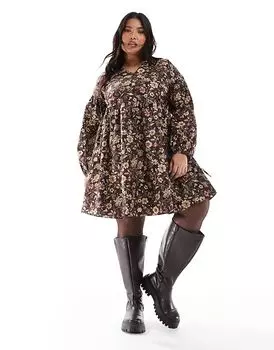 Платье миди с V-образным вырезом в коричневом цветочном узоре Glamorous