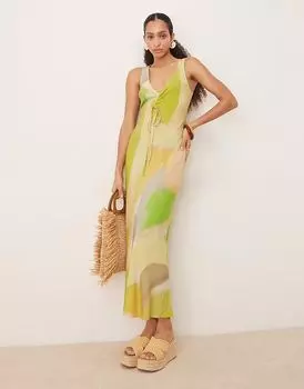 Платье миди с V-образным вырезом и сборками ASOS DESIGN в зеленом цвете