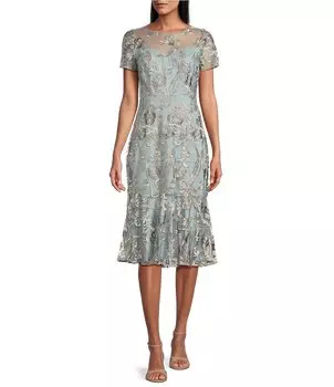 Платье миди с воланами и короткими рукавами R & M Richards Petite Size с круглым вырезом и вышивкой, синий