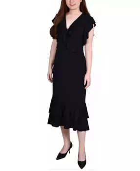 Платье миди с воланами и рукавами-крылышками Petite Flutter Sleeve Ruffle NY Collection, черный