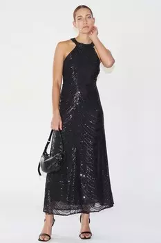 Платье миди с воротником-бретелькой украшенное бисером и пайетками Religion, черный
