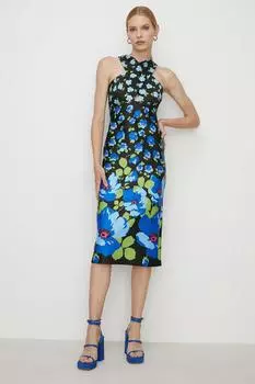 Платье миди с воротником-халтер и цветочным принтом омбре Oasis, черный