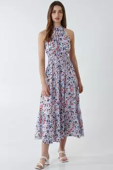 Платье миди с воротником халтер и присборенной талией Blue Vanilla, синий