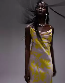 Платье миди с воротником-хомутом Topshop с розово-желтым цветочным принтом