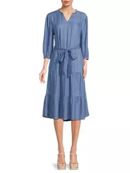 Платье миди с воротником-стойкой и поясом Saks Fifth Avenue, цвет Medium Indigo