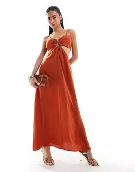 Платье миди с вырезами, фурнитурой из золота и камней цвета корицы ASOS DESIGN