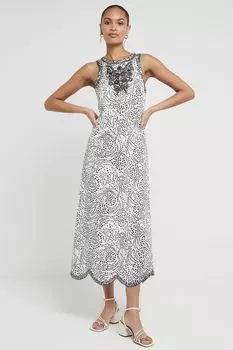 Платье миди с вырезами и принтом в горошек River Island, бежевый