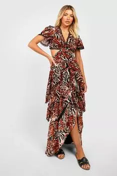 Платье миди с вырезами и животными принтами Boohoo, коричневый