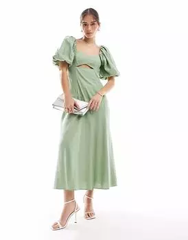 Платье миди с вырезами из льна New Look зеленого цвета с рукавами-фонариками