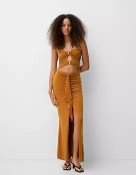 Платье миди с вырезом-бандо Bershka, охра