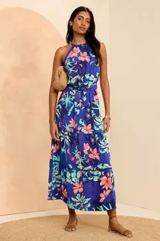 Платье миди с вырезом бретелькой и декоративной отделкой Love & Roses, синий