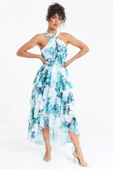 Платье миди с вырезом через шею и цветочным узором Quiz, синий